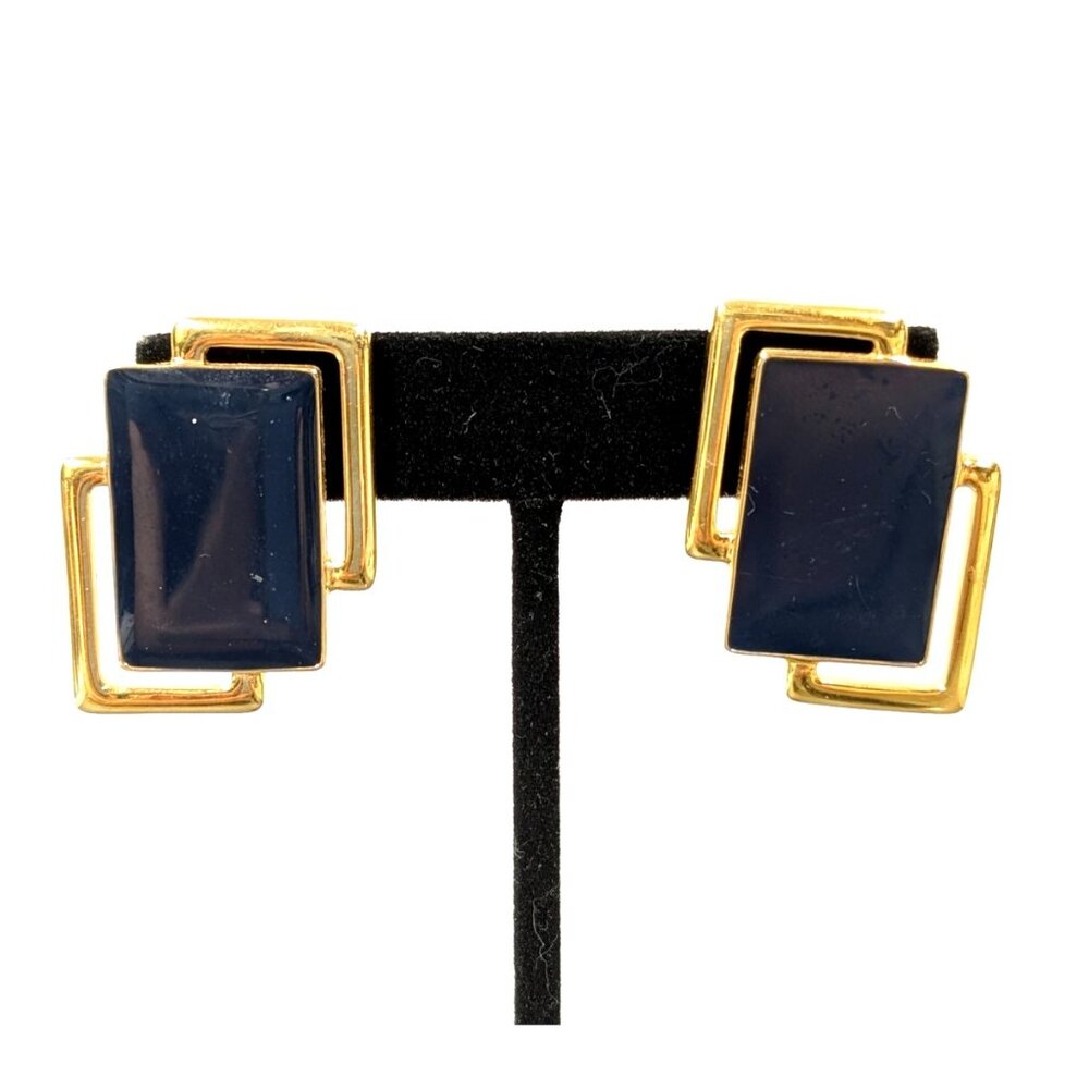 Vintage Monet Blue Enamel‎ Geometric Drop Earrings Gold Tone Modernist Retro